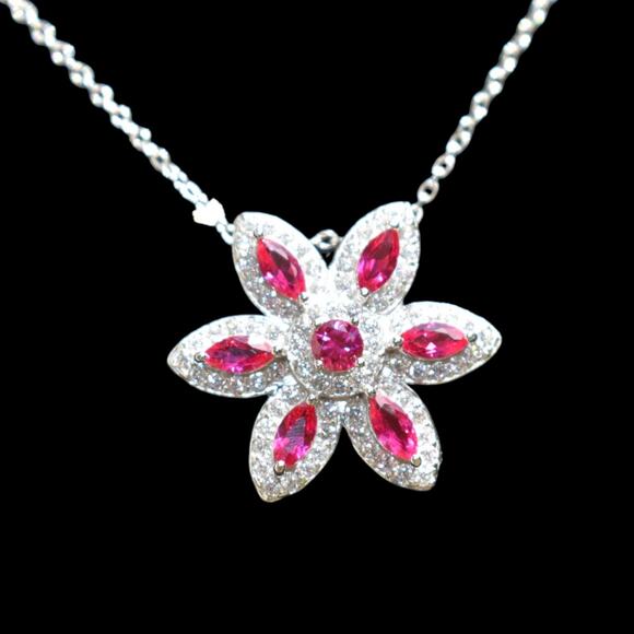 Created Ruby Cubic Zirconia Flower Pendant Necklace Sterling Silver - Picture 7 of 8